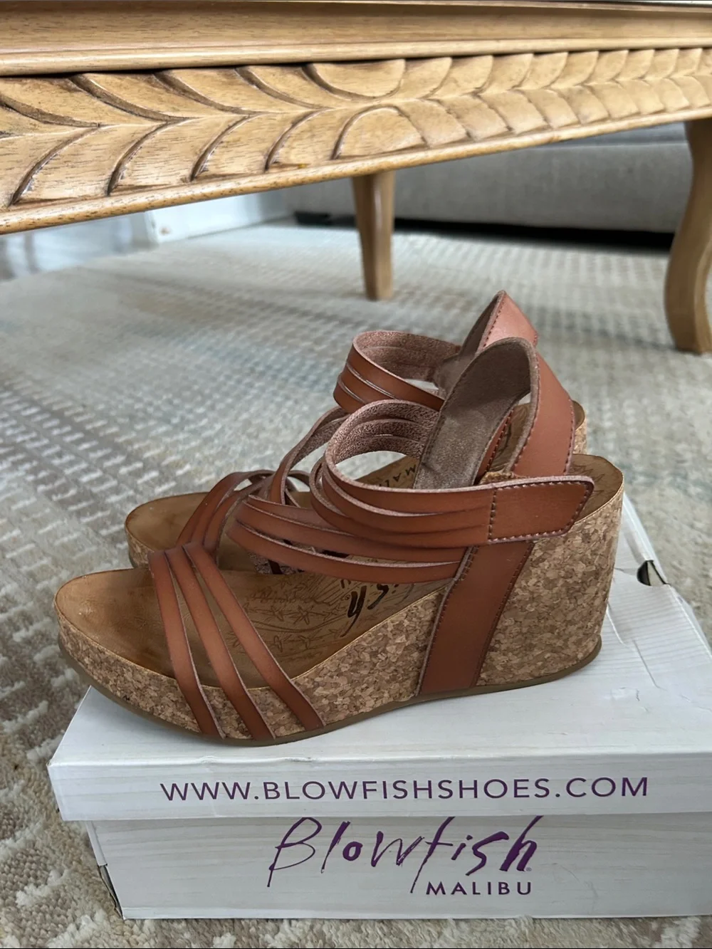 Blowfish Cognac Multi-Strap Cork Wedge Sandals